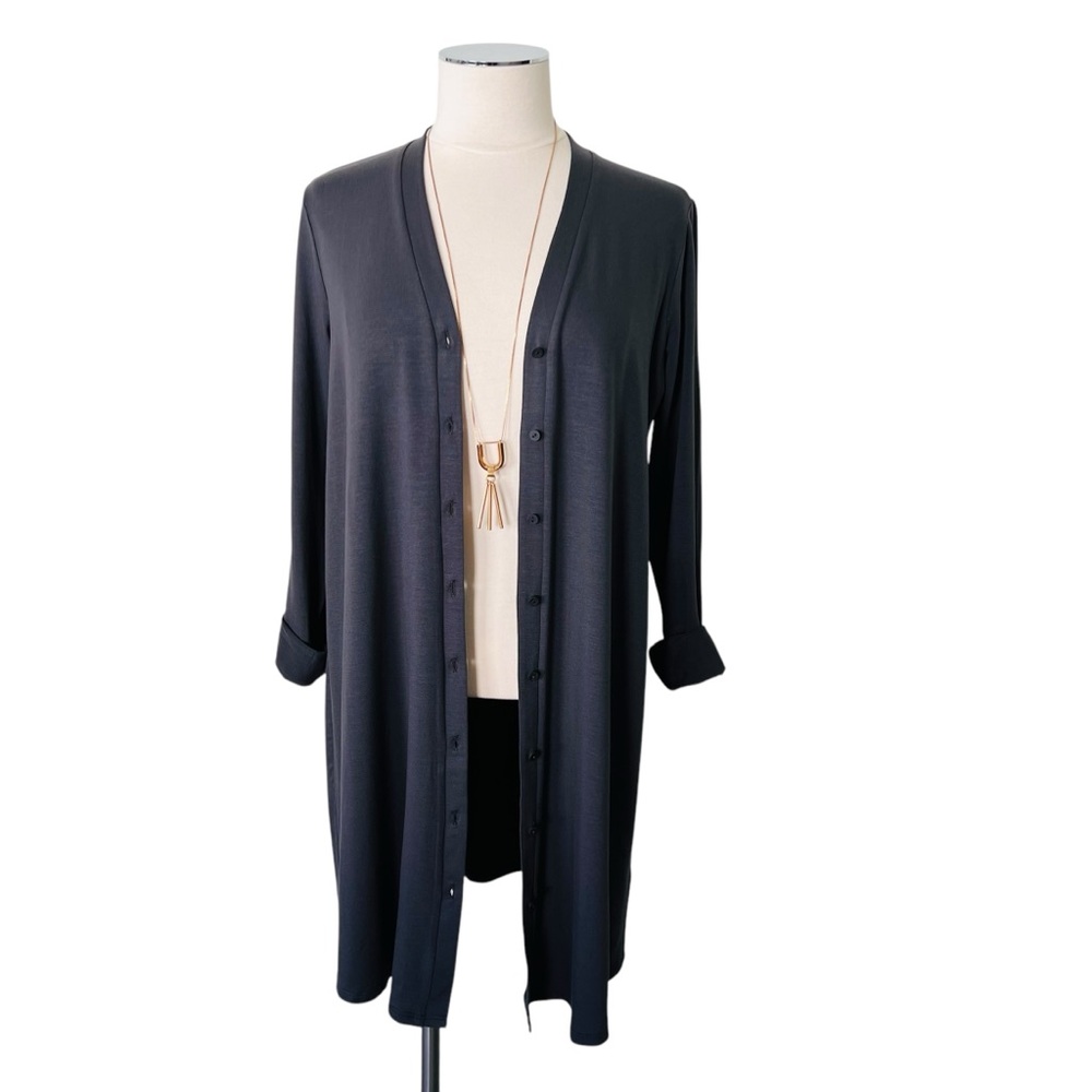 New EILEEN FISHER Gray V-Neck Long Cardigan Button Front Long Sleeve S